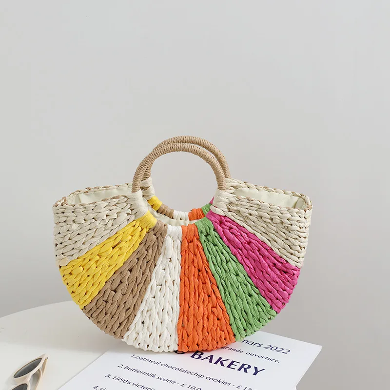 Bolso de paja de Color arcoíris, bolsa tejida de mano semicírculo para vacaciones en la playa, novedad de verano, 2024