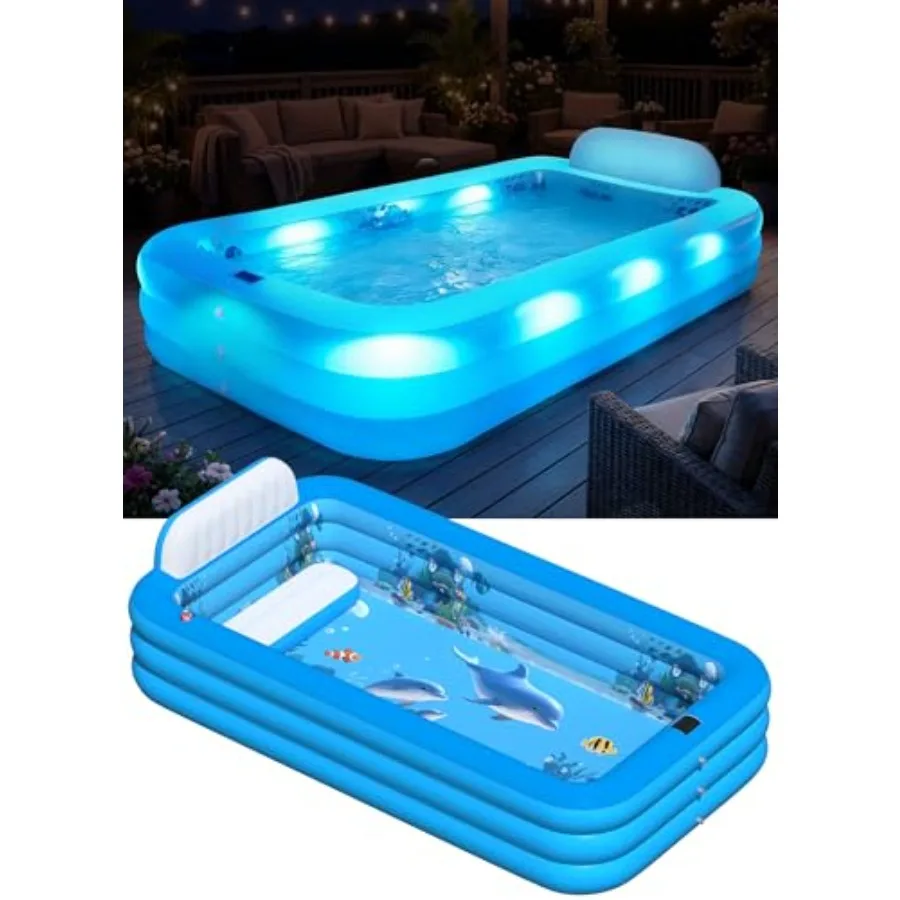 

Extra Large Inflatable Pool with Lights for Backyard Use, PVC Blue Pool with Solar-Powered Blower, Seat Backrest, 120x73x20IN