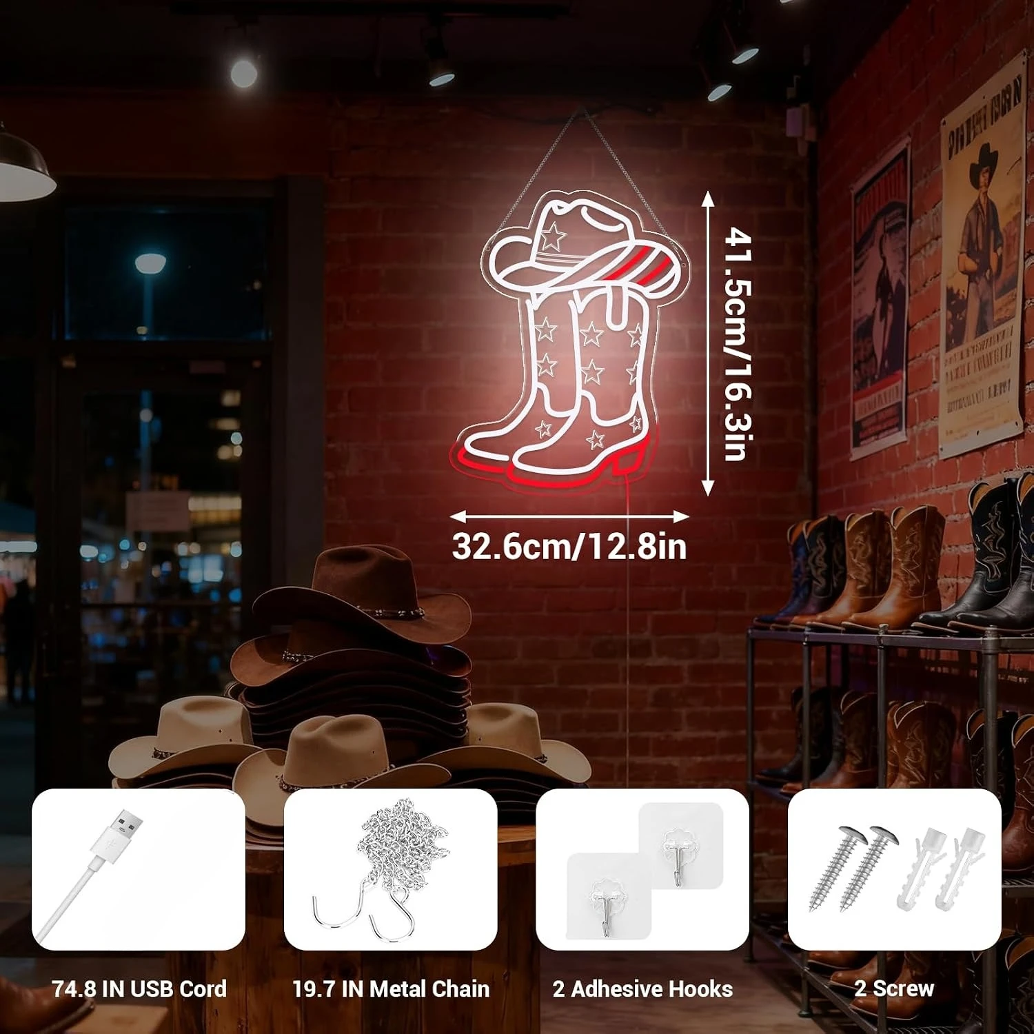 カウボーイブーツと帽子のLEDネオンサイン。USB電源で点灯 - Boots のレビューと価格