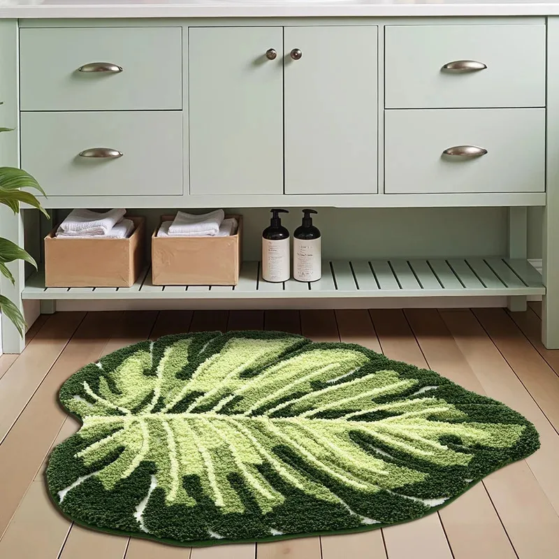 VIKAMA Grüner Blatt-Badvorleger, Rutschfester Schnelltrocknender Duschvorleger, Maschinenwaschbarer Weicher Badezimmerteppich für Toilette & Schlafzimmer-Dekoration ​