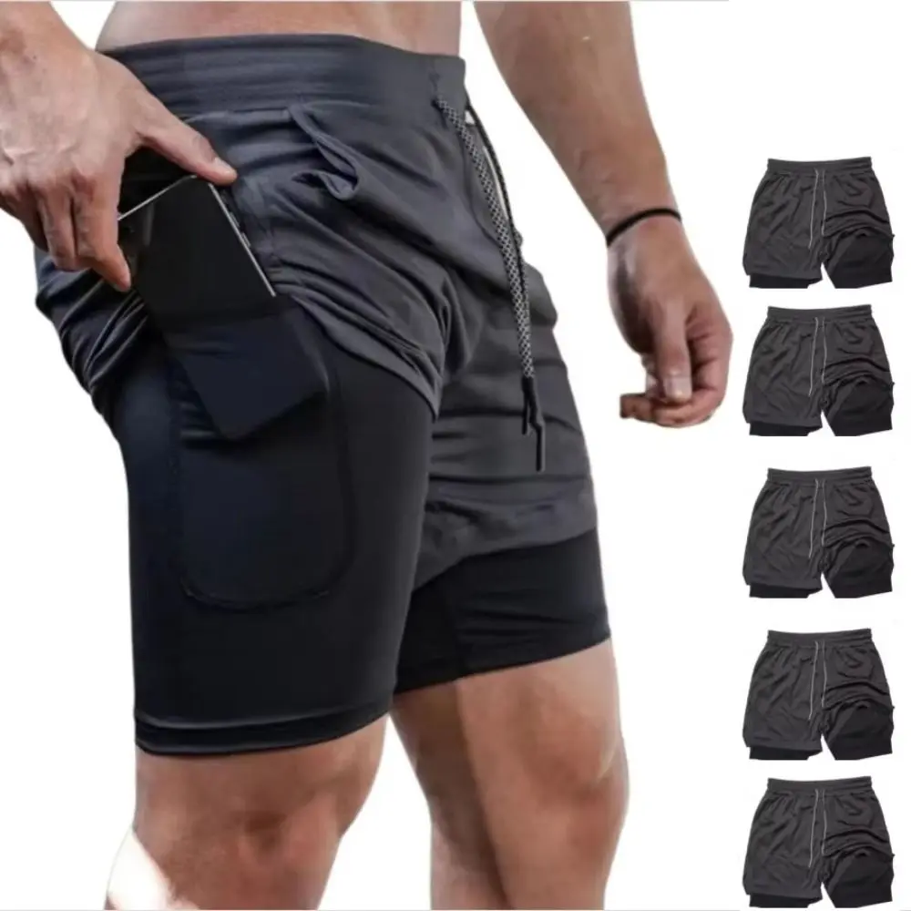 2 في 1 شورت جري سريع الجفاف بطبقة مزدوجة شورت رياضي قابل للتنفس، شورت رياضي مرن بجيب للهاتف المحمول، شورت رياضي للتدريب #5