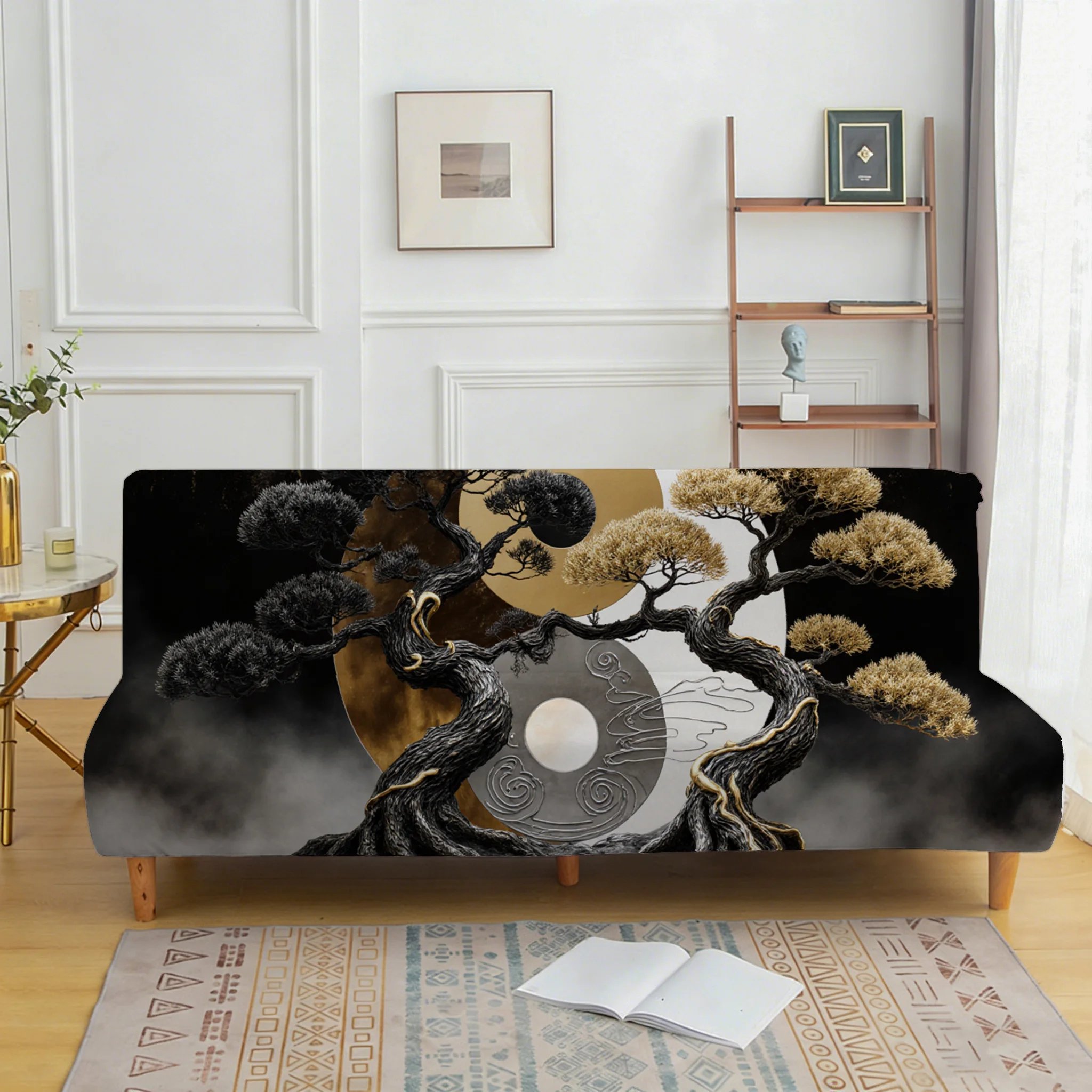 Tai Chi Double Pine Printed Sofa Bed Cover, Living Room Sofa Bed Cover, Dustproof Washable Sofa Bed Cover