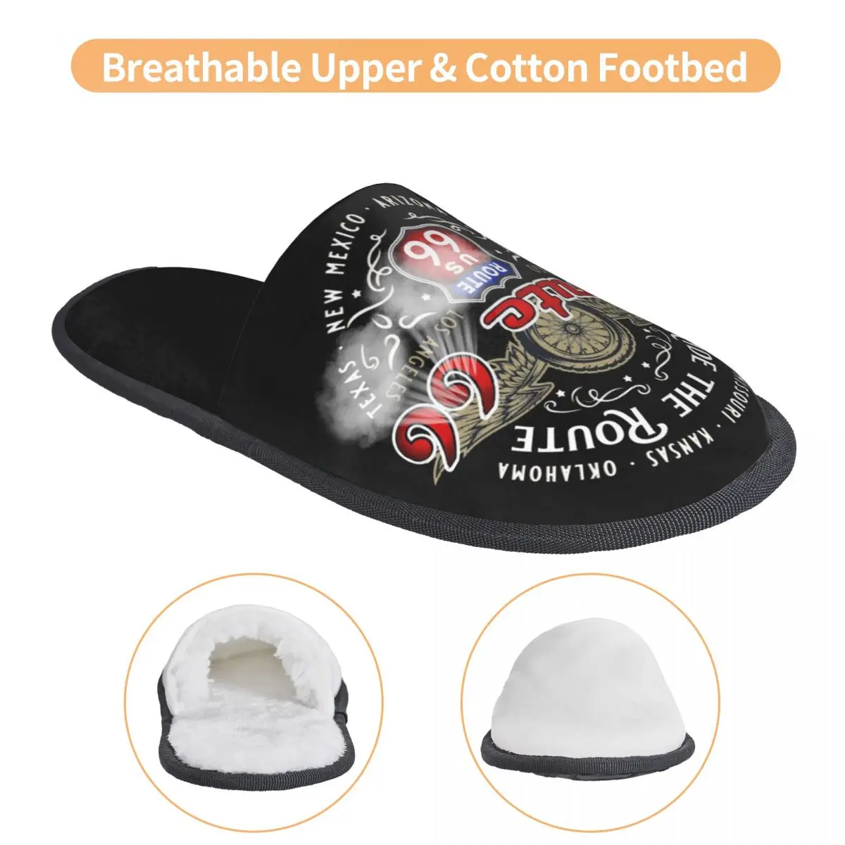 Custom Ride The Route 66 House Slippers Soft Memory Foam Biker Motorcycle Cruise America\'s Highway Slip On Bedroom Slipper Shoes