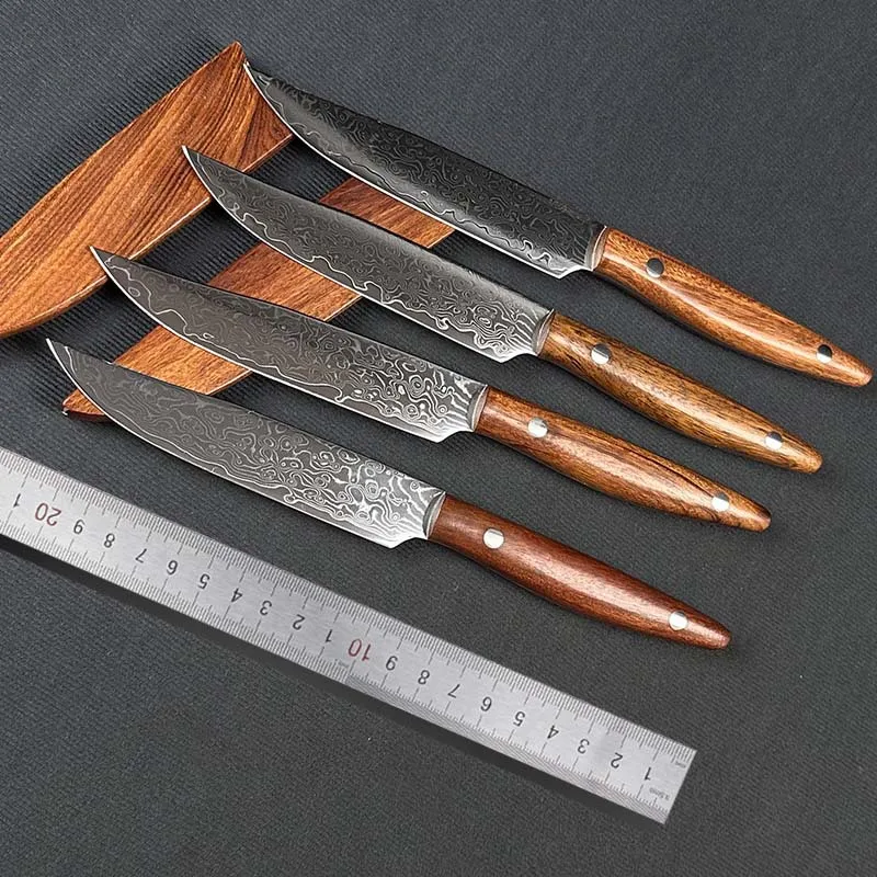 RHON Mongolian Boning Knife 67Layer Damascus Steel Meat Picking Outdoor BBQ Rib SlicingFruit Paring Kitchen Knives Wooden Sheath