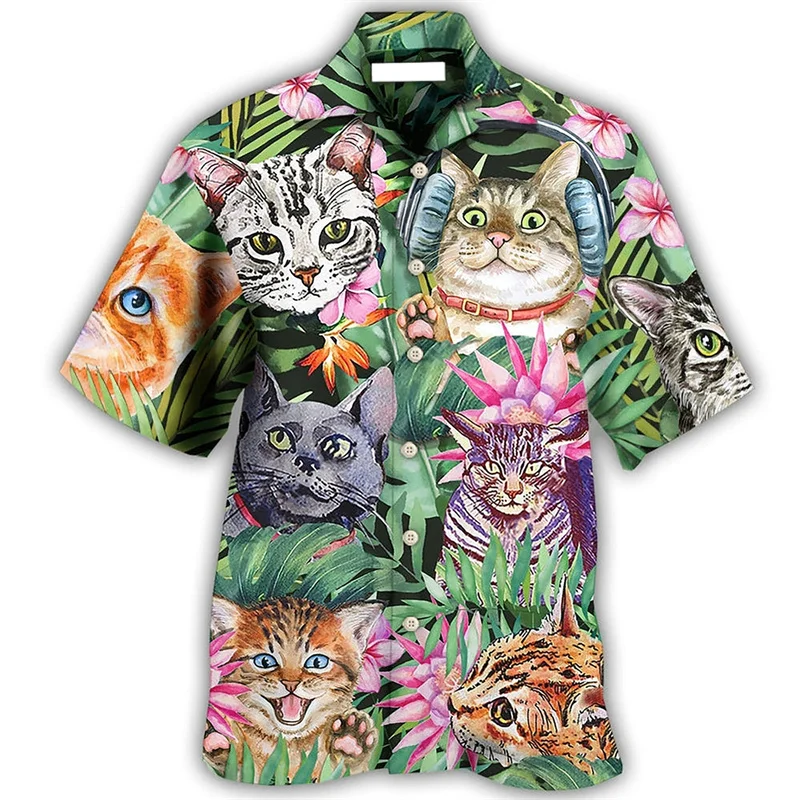 Chemise graphique chat coloré pour hommes, imprimé en 3D, animal hawaïen, chemises de plage d'été, manches courtes, chemisier à revers boutonné Y-Cool