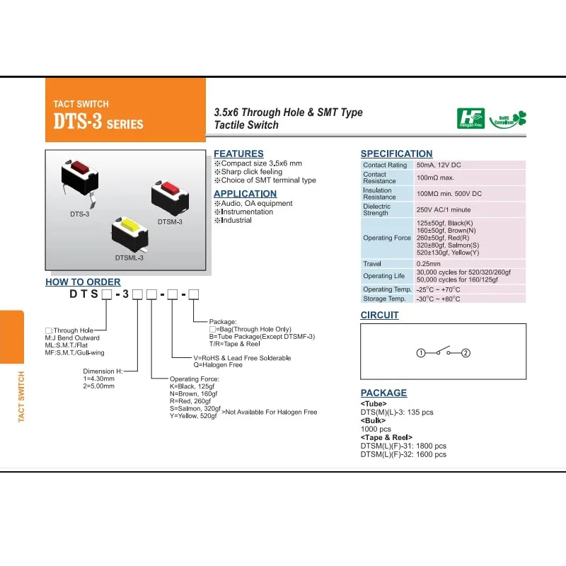 16pcs/lots Taiwan DIP DTSM-32R-V-T-R Tactile Switch 3.5*6*5 SMT 2-pin Pushbutton Microswitch