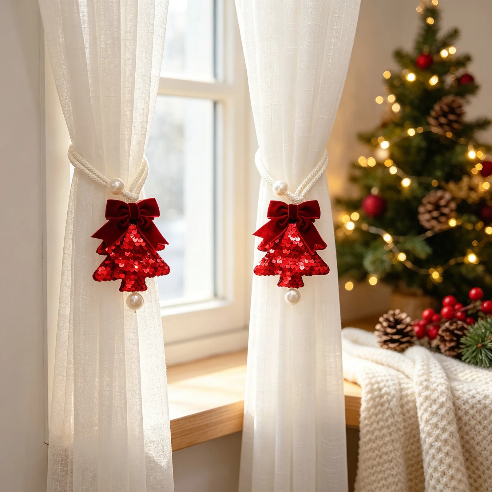 PICKNOW 2PCS Christmas Tree Sequin Curtain Tieback with Pearl Bow Knotted Rope Curtain Holder Window Drape Tie Home Xmas Decor