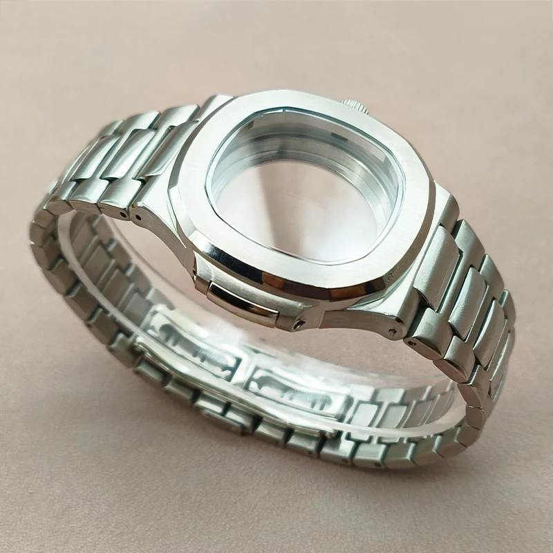 41mm srebrne Nautilus etui do zegarka pasujące do NH35 NH36, szafirowe szkło zamontować pasek do zegarka przezroczysty tył pokrowiec na zegarek
