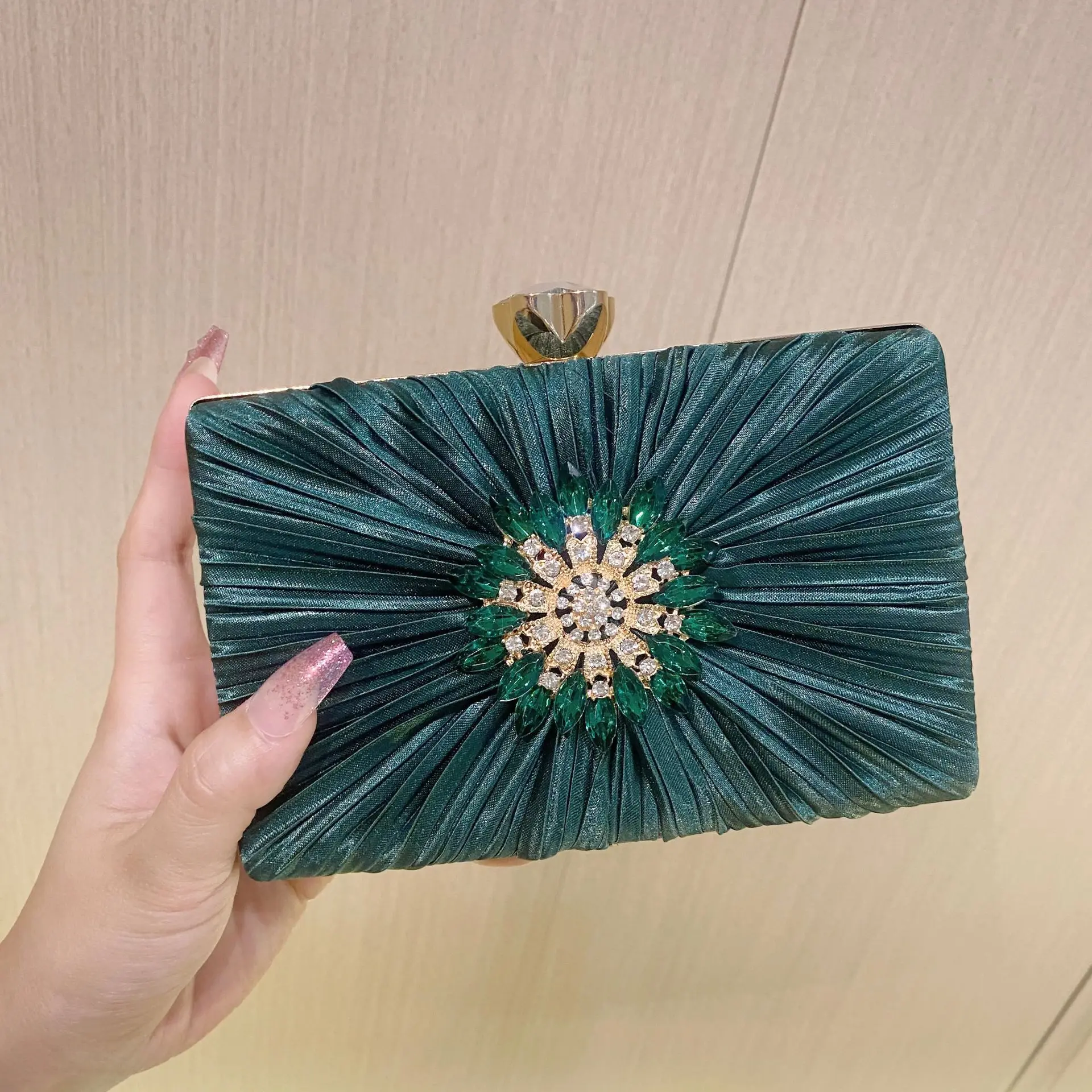 Retro Trendy Peacock Green Champagne Dinner Evening Bags For Womens Fine Shining Rhinestone Flower Small Handbag Clutches Purse