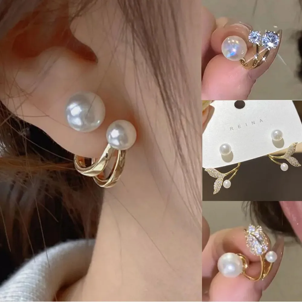 Women Korean Style Tulip Flower Opal And Pearl Clip Earrings Cute Wedding Bride Jewelry Daily Party Present Gift