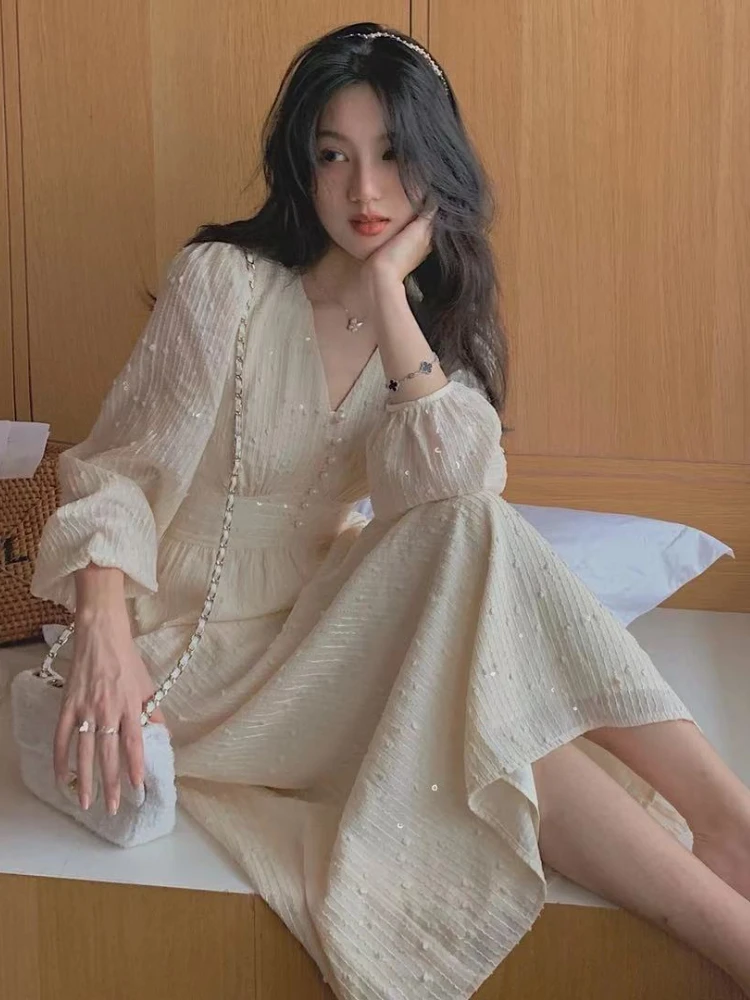 Elegant Fairy Sequined Dress Women 2023 Autumn Sweet Puff Sleeve Retro Midi Dress Female Evening Party Casual Korean Style Dress