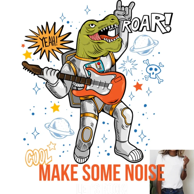 Cool Space Dinosaur Rock Hot - Stamping White Ink Heat Transfer Design, Personality Guitar & Skull Pattern, Suitable for T -