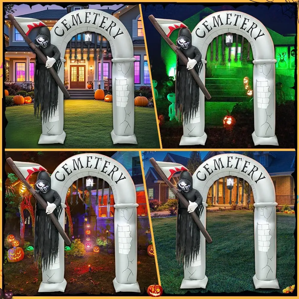 8FT Halloween Inflatables Archway Decoration with Led Light Spooky Scary Halloween Inflatables Grim Reaper Outdoor Decorations B