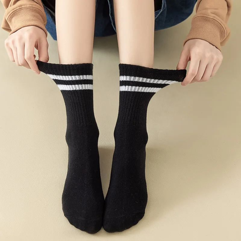 6 Pairs Women Socks Simplicity Parallel Bars Versatile Sport Solid Breathable Mid-Tube Woman Absorbent Socks