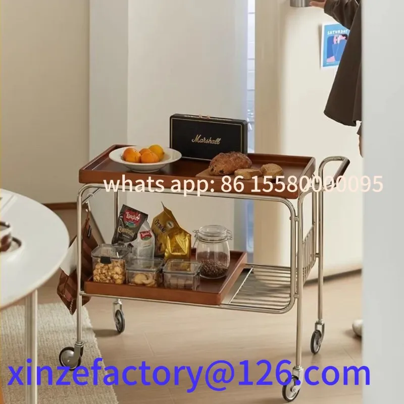 

Customizable Vintage Tea Trolley Solid Wood Sofa Side Table Antique Movable Coffee Living Room