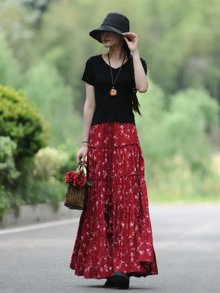 

Free Shipping 2023 New Fashion Long Maxi A-line Elastic Waist Women Summer Spring S-2XL Cotton Print Big Hem Red Skirts