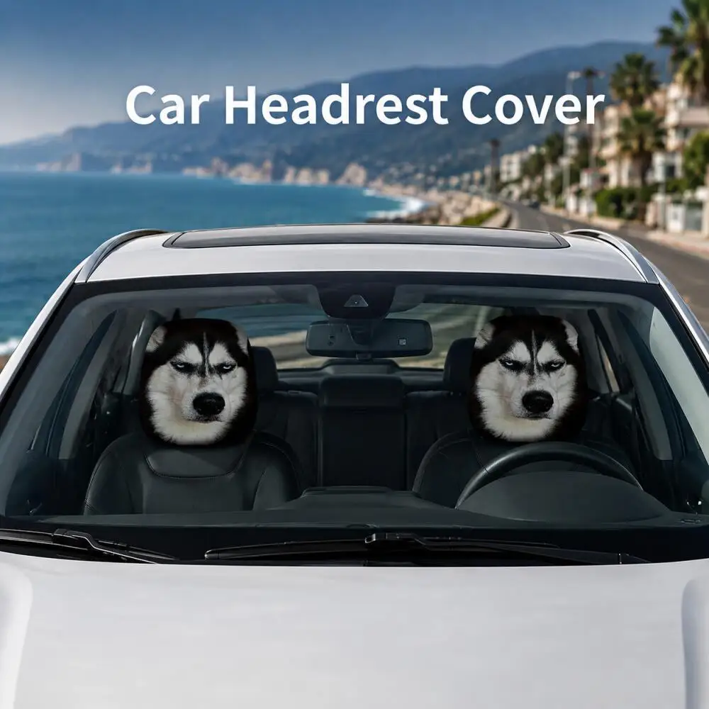 2PCS Funny Husky Dog Face Car Headrest Covers 2D Flat Cool Disdain Siberian Husky Black Dog Lovers Universal Auto Headrest Prote