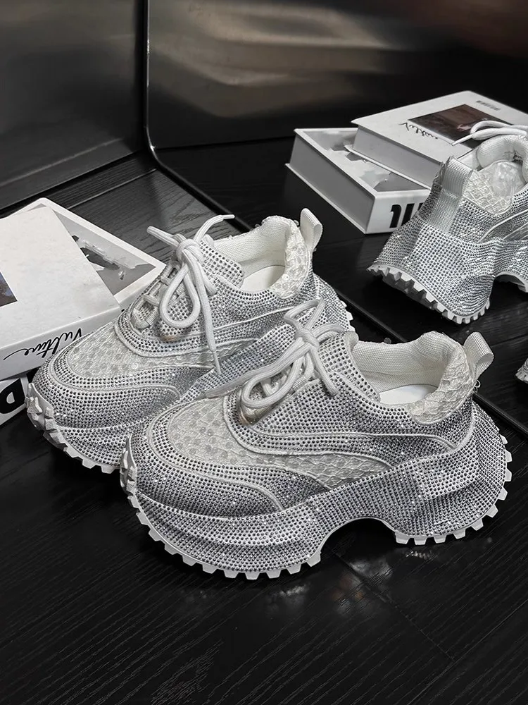 Ladies Summer Breathable Shiny Diamonds Inner Thick Soled Running Shoes Lace Up Outdoor Training Sneakers Jogging Sports Shoes