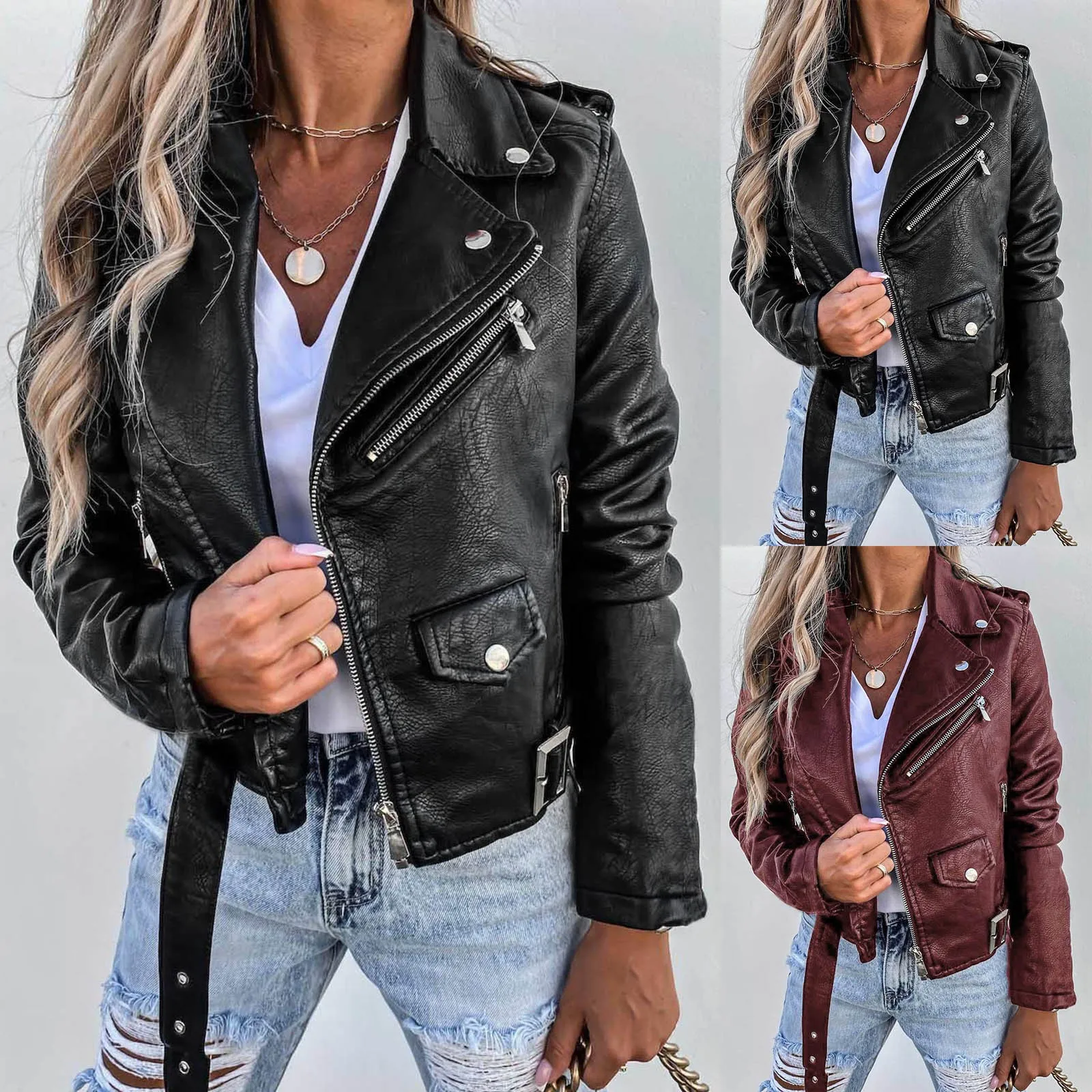 

Spring Autumn Women Leather Jacket Zipper Pockets Feminina Short Coat Chaquetas Ladies Luxury Jaquetas Motorcycle Biker Clothing