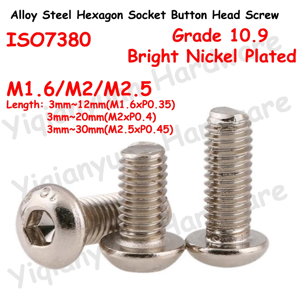 

Yiqianyuan ISO7380 M1.6 M2 M2.5 Grade 10.9 Alloy Steel Hexagon Socket Button Round Head Tiny Screws Bright Nickel Allen Key Bolt