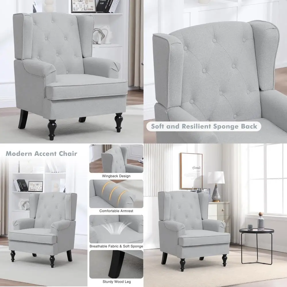 كرسي بذراعين عصري من منتصف القرن لغرفة المعيشة - كرسي منجد عالي الظهر بتصميم معنقدة وأرجل من الخشب الصلب