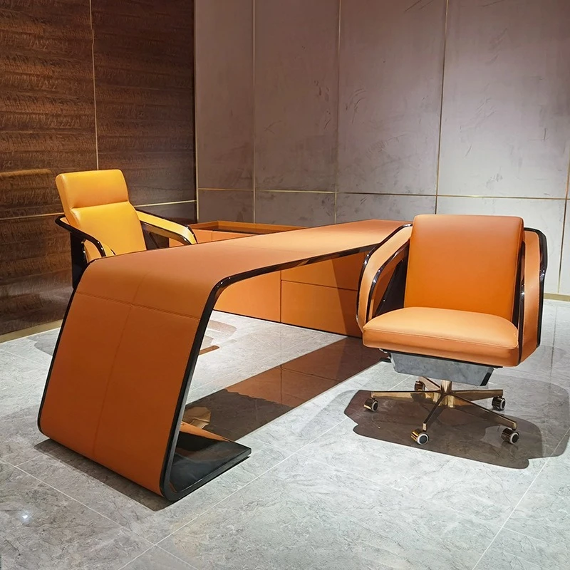 Light luxury study desk leather surface boss president computer desk