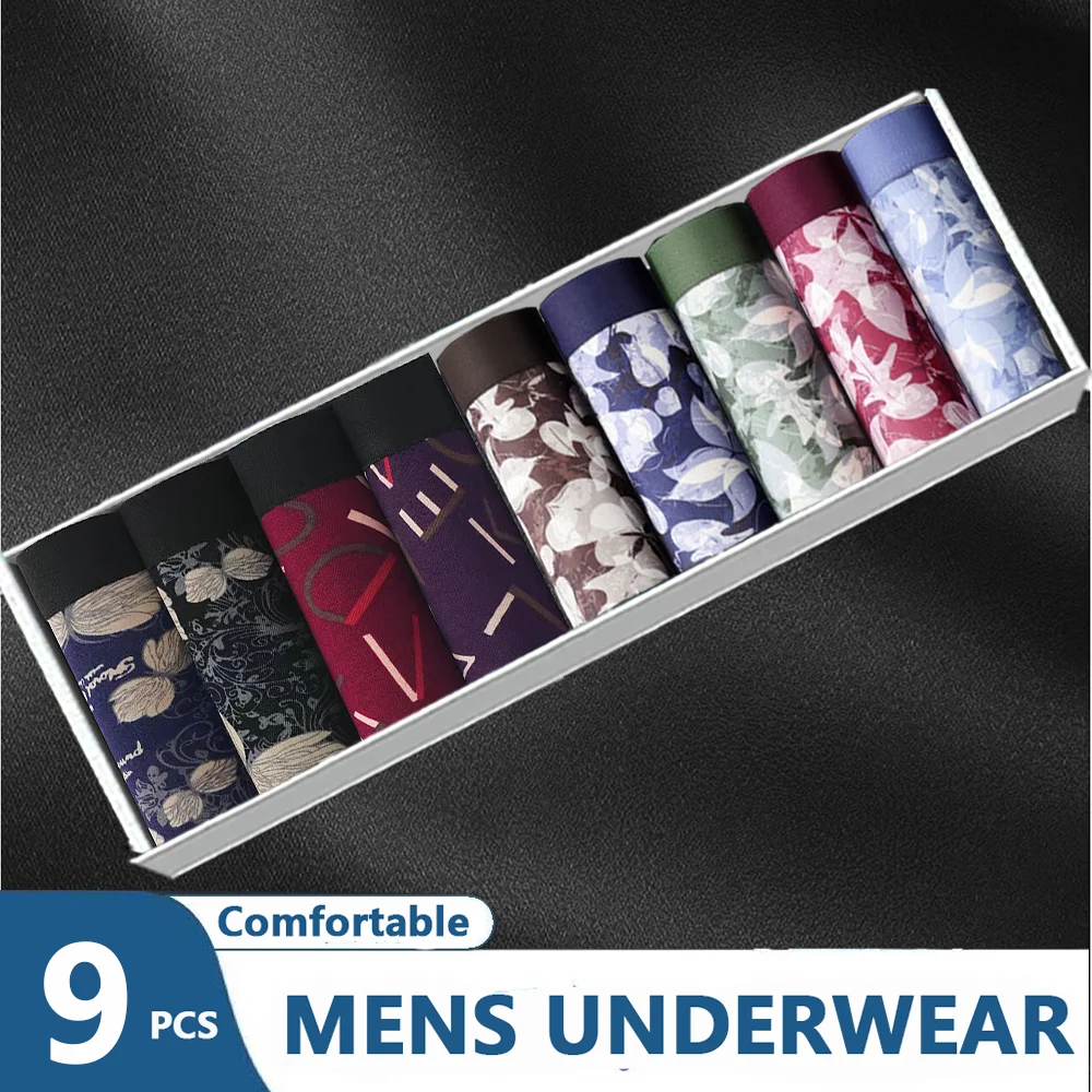 9PCS Men Breathable Antibacterial Boxer Shorts Four Corner Shorts Teenagers Print Underwear Man Boxer Shorts Plus Size Panties