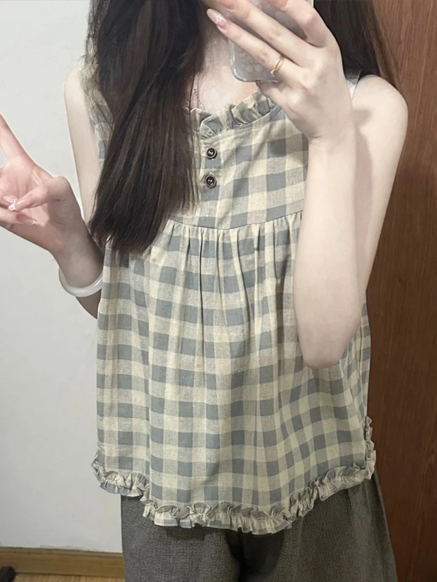 Sweet Sle ジェントルチェック柄スウェットベストトップ女性夏エレシック木製襟レイヤリングドール irt カジュアルルーズフィット