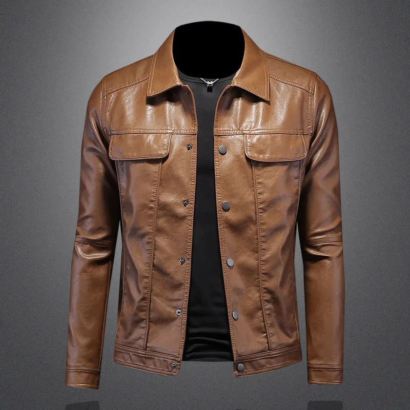 2024 New Autumn and Winter Men's Lapel Motorcycle Slim Fit Leather Jacket