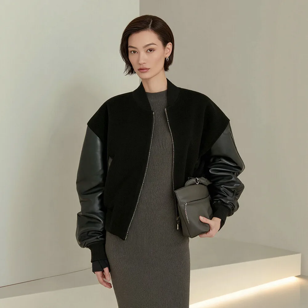 

Casual Style Autumn Winter Jacket Baseball Collar Design No Decoration Women's Topwear Fashionable Outerwear