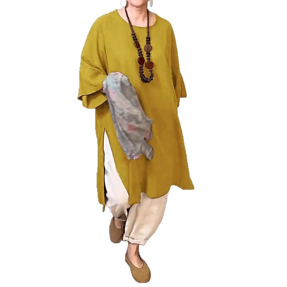 بلوزة نسائية صيفية أوروبية وأمريكية جديدة بلون سادة ورقبة دائرية وأكمام سبعة أرباع كتان غير رسمي طويل