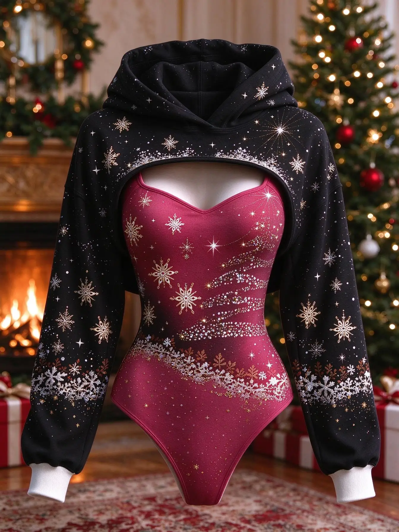 Women 2Pcs Christmas Golden Snowflake Print Outfit Sleeveless Bodysuit + Hooded Long Sleeve Shrug Set Xmas Holiday Costume
