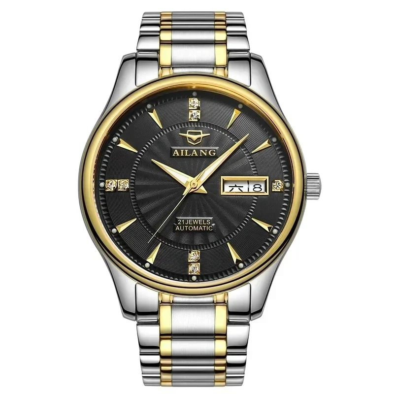 AILANG-2007 Men Automatic Mechanical Watch, Two-tone Case, Diamond Markers, Day Date Display, Brown Leather Strap Business