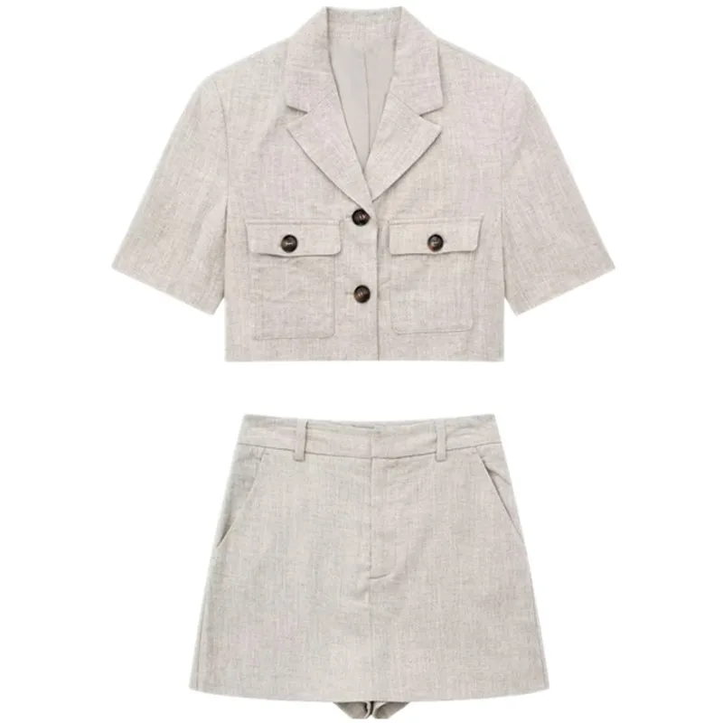 ファッショナブルなショートリネンスーツジャケット女性の夏の新着トレンディなデザインカジュアル作業服ポリエステル生地 8-25 歳