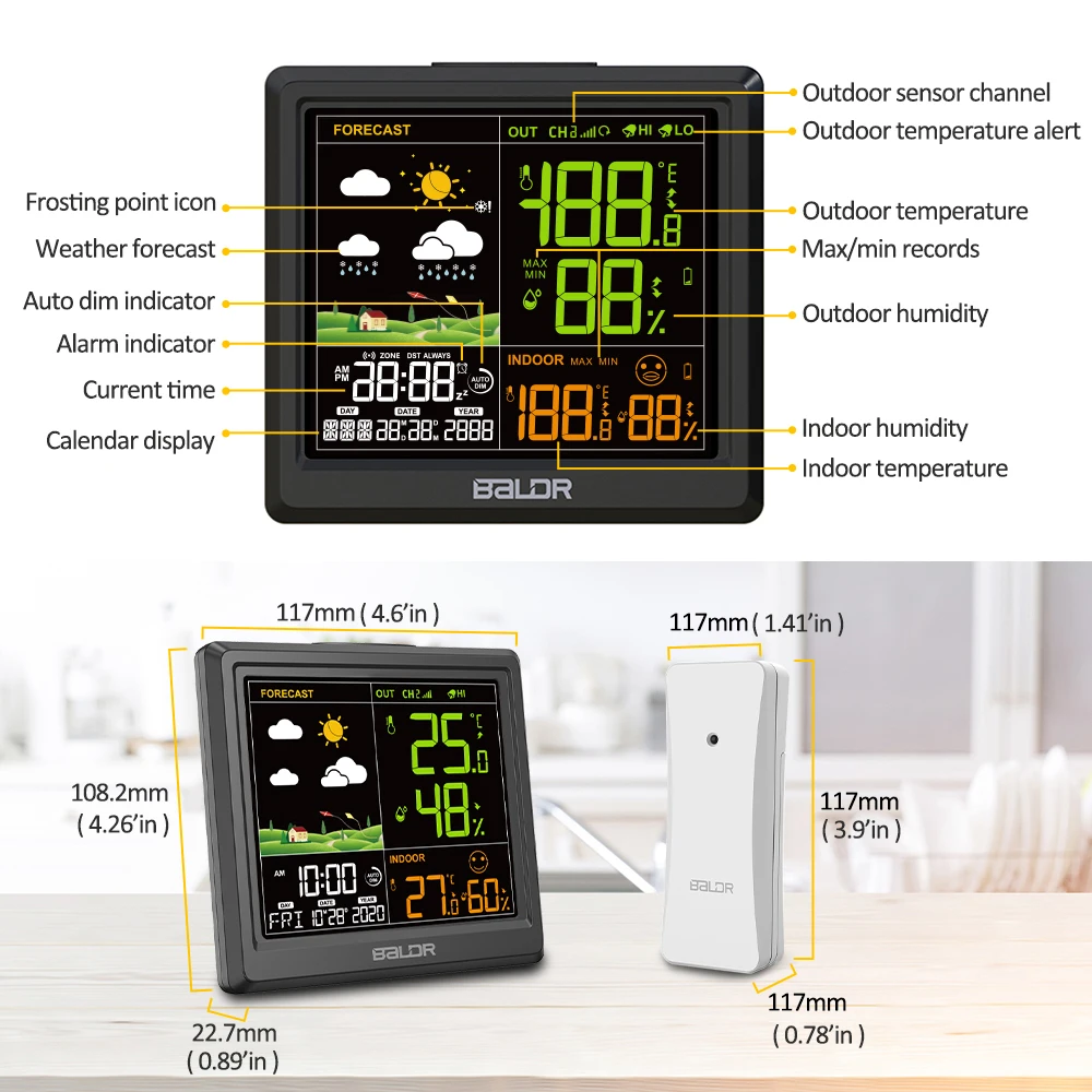 BALDR Color Weather Station Auto DIM Time Digital LCD Display Thermometer Hygrometer Alarm Clock Calendar Weather Forecast -40℃