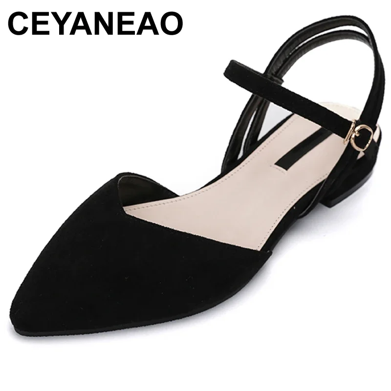 CEYANEAO Sweet Women Pointed Toe Low Heels Sandals Plus Size Flock Closed Toe Flat Sandal Fenty Pink Shoes Sandalias Mujer