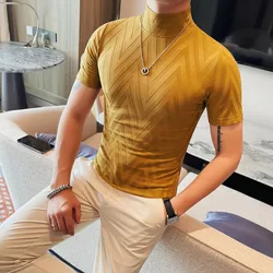 Men High Quality Short Sleeve T-shirts Male Slim Fit Mock Turtleneck Solid Color T-shirt Brand Clothing 4XL-M