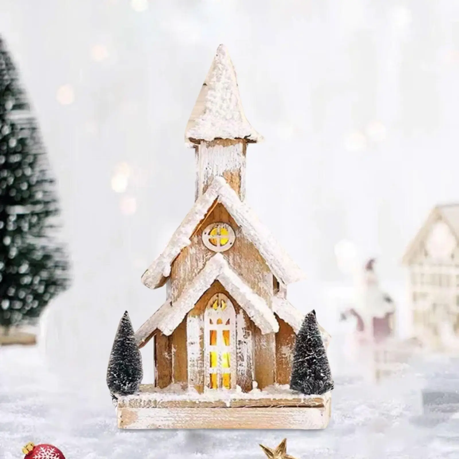 Christmas Wooden Lighted Snow Church Miniature 40x19cm for Christmas Party