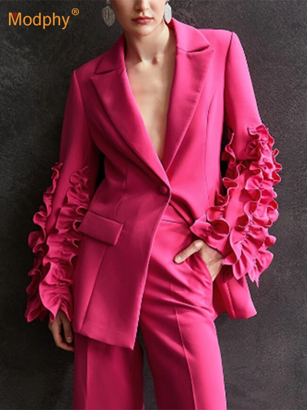 

Modphy Rose Red Splicing Ruffle Slim Blazer For Women Long Sleeve Suit Blazers Female Jacket Autumn Clothing 2024