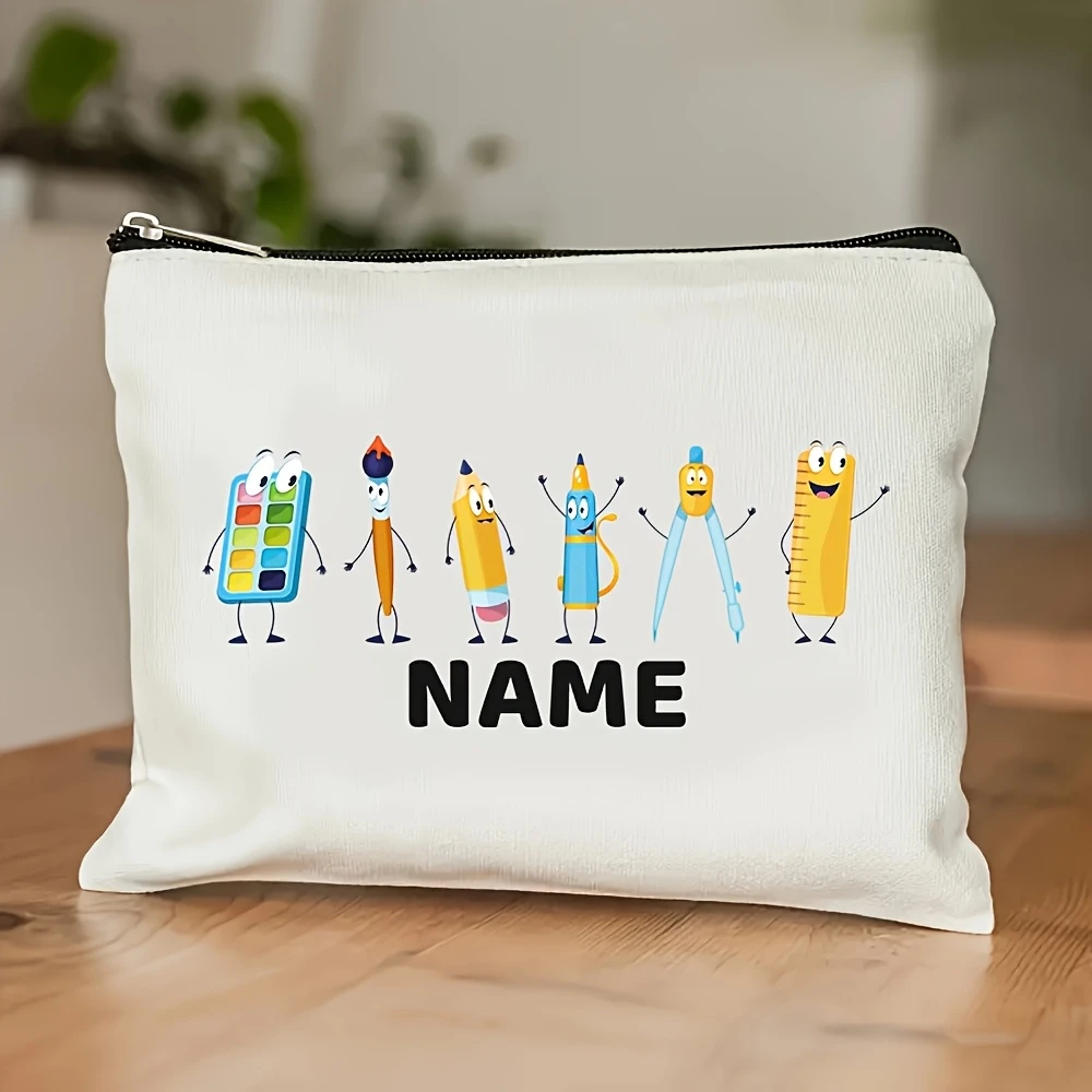 Personalized Custom Name Art Pencil Case for Artists - Large Capacity Zippered Cosmetic Bag with Vibrant Cartoon Pencil Design