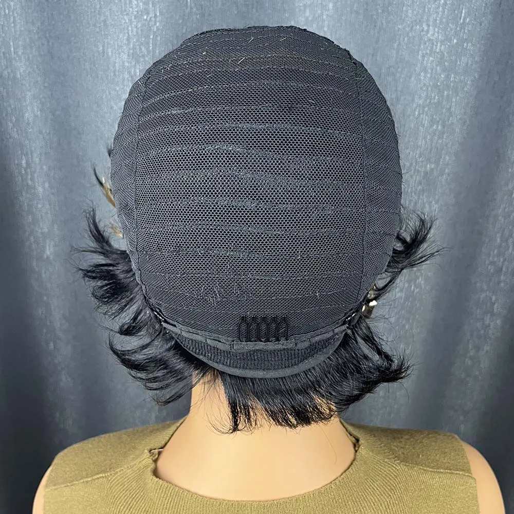 여성용 하이라이트 픽시컷 인모 가발, 짧은 레이어드 픽시컷 웨이브 머신메이드 레미 인모 가발 (앞머리 포함)