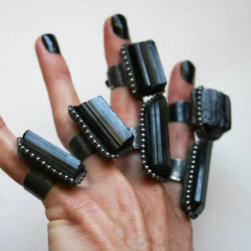 

Black Tourmaline Semi-precious Stone Ring Soldered Gun Plated Free Form Nugget Handmade Adjustable Jewelry