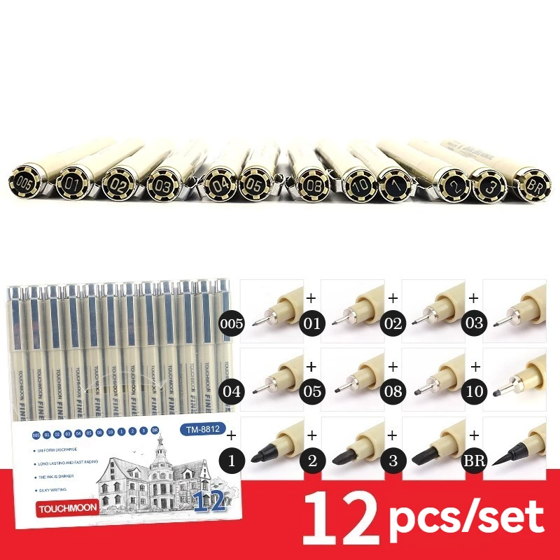 Zestaw pisaków do rysowania manga, pisaków igłowych, pisaków do linii haczykowych, pisaków do szkicowania, artykułów piśmienniczych i przyborów artystycznych z 12 końcówkami, pigmentowym tuszem Micron.