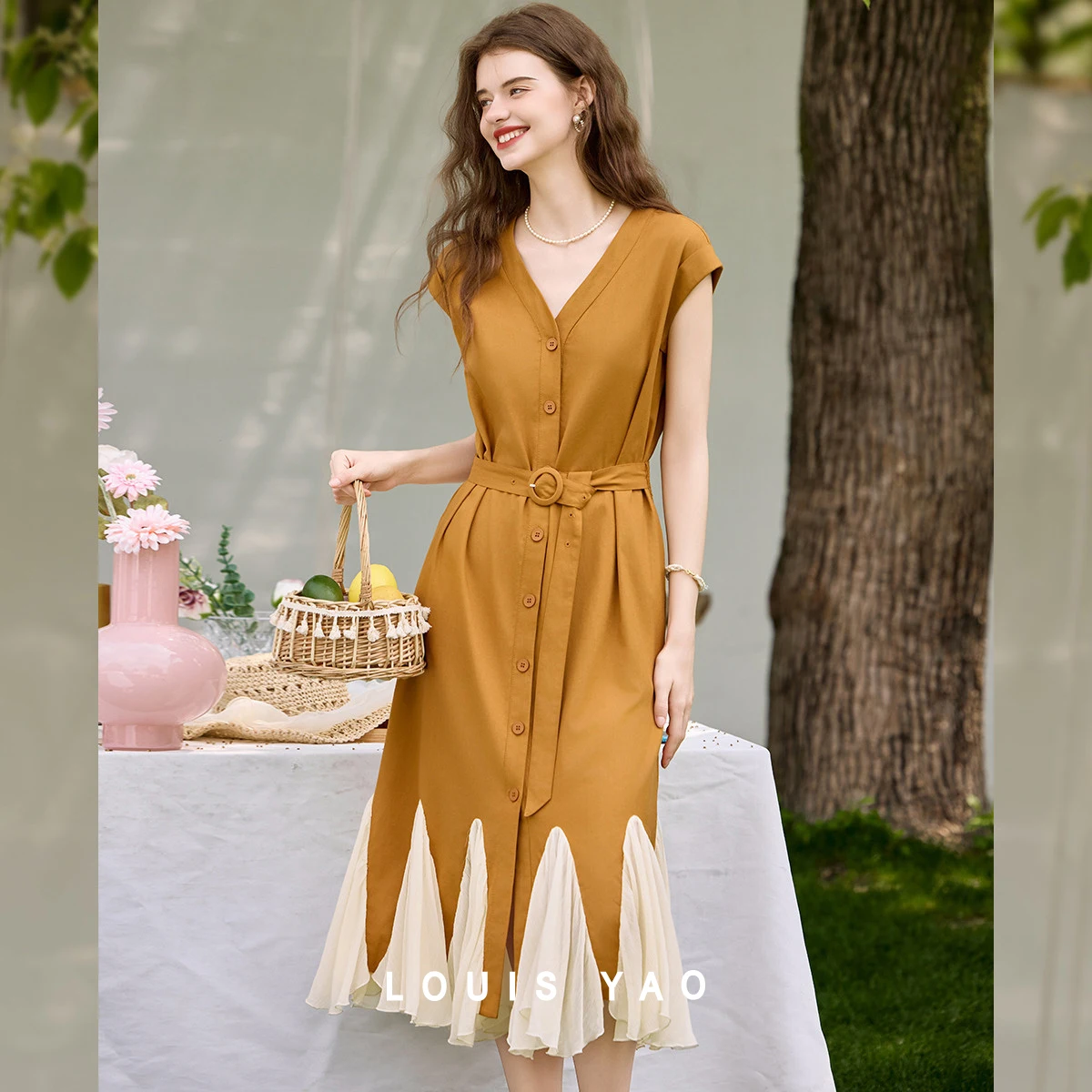 

LOUIS YAO V-Neck Raglan Sleeve Women Dress 2026 Summer Dress Non-Stretch Color Block with Tie Belt Ruffle Hem Dress