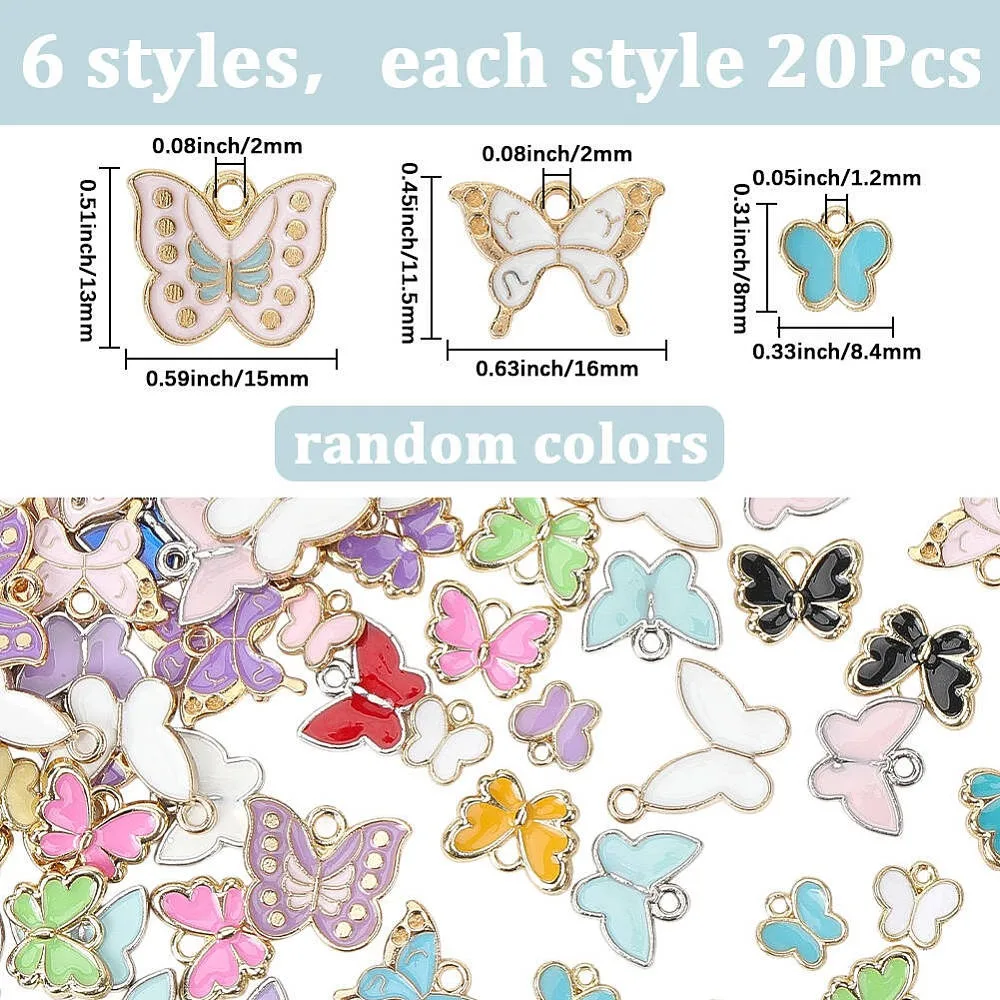 

120Pcs 6 Styles Alloy Enamel Pendants Golden Butterfly 8~14x8.4~16x1.5~2mm Hole: 1.2~2mm 20pcs/style