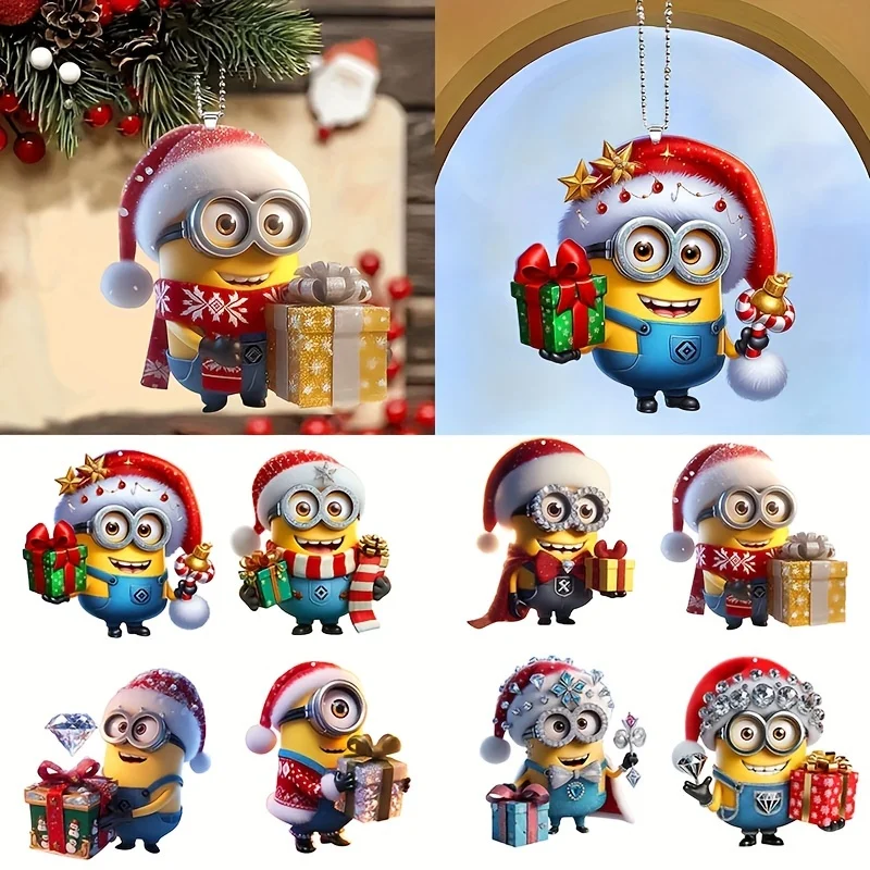 4/8PCS Minions Christmas Tree Ornaments 2D Acrylic Double-Sided Cars Backpacks Keychains for Holiday New Year Christmas Decor