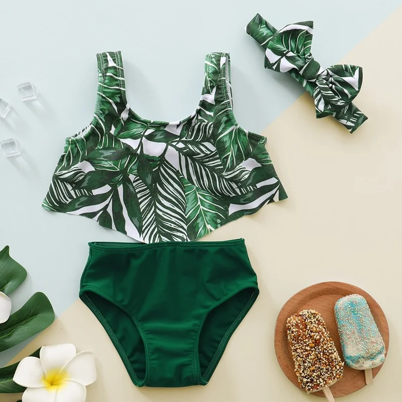 1-4 Years Kids Girl Clothes Set 3PCS Banana Leaf Print Swimsuit Children Girl Summer Swimwear Littler Girl Swimming Outfit Suit