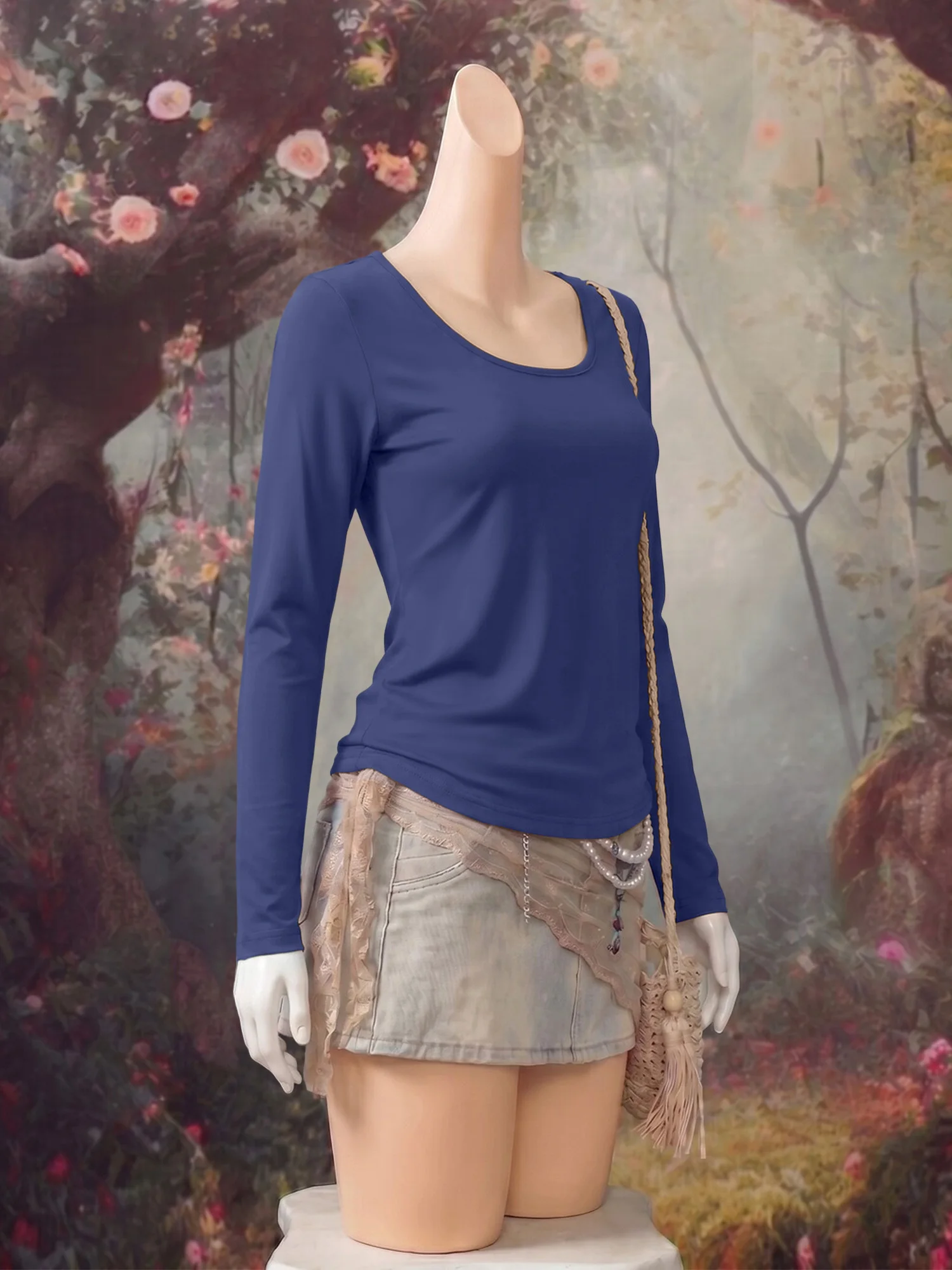 Women Elegant Low U Collar Long Sleeve Tops Soft Stretchy Fitted Basic Shirts Daily Commute Slimming Bodycon Blouse view 4