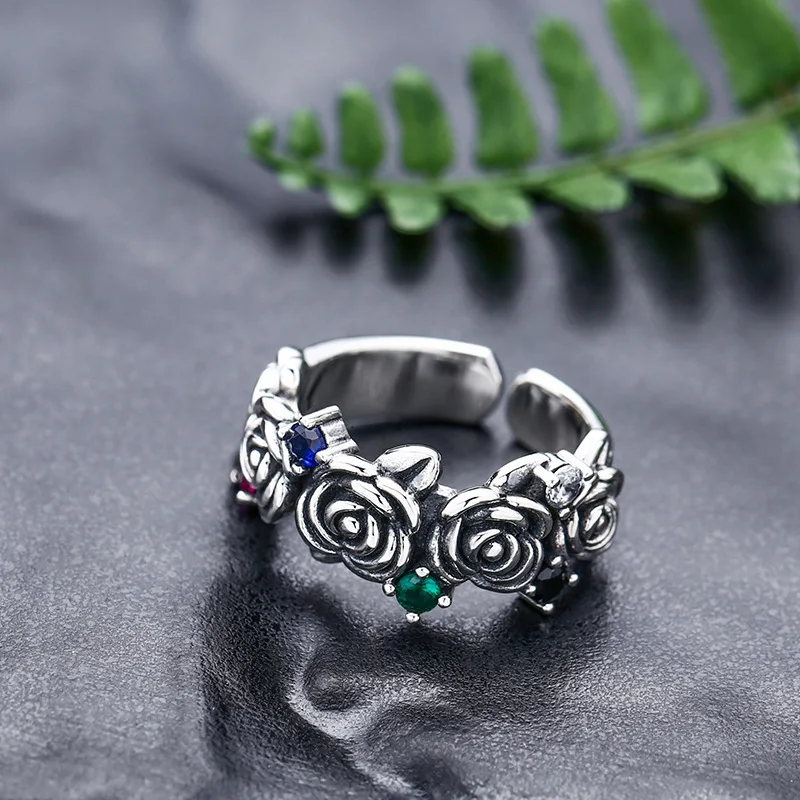 Manufacturer wholesale 925 sterling silver ring women's thorns rose open ring thai silver retro flower index finger ring