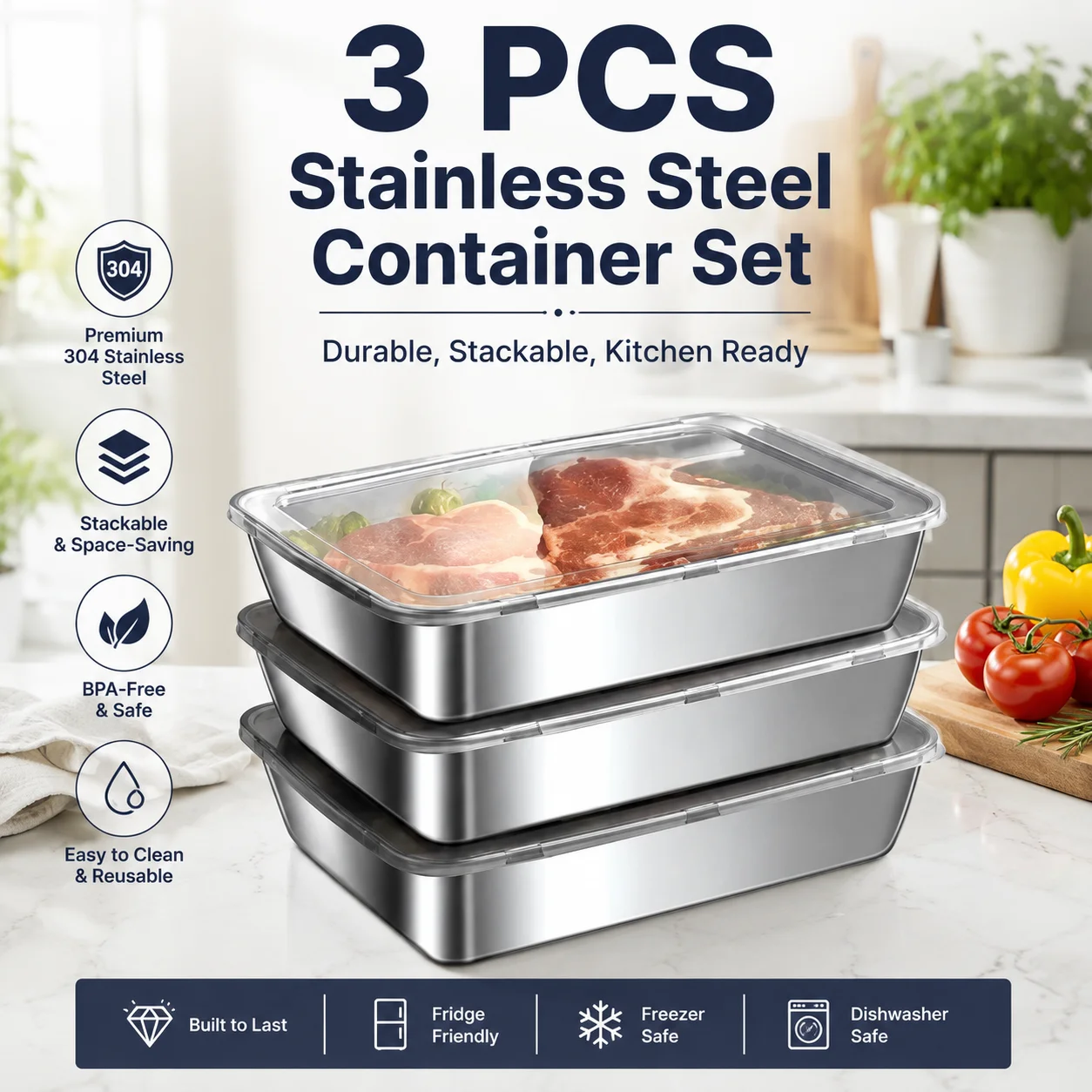 Meal Prep Menu - ชุดกล่องเก็บอาหารสแตนเลส 3 ชิ้นพร้อมฝาปิด, กล่องเตรียมอาหารโลหะทรงสี่เหลี่ยม, ถาดเก็บเนื้อสำหรับแช่แข็งสำหรับตู้เย็น, ที่จัดระเบียบตู้เย็น,